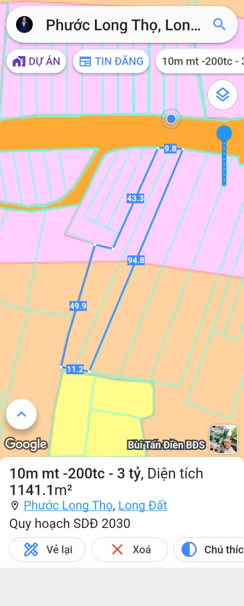 Đất nền xã Đất Đỏ - Diện tích 1100m2 ngang 10m mặt tiền đường Nguyễn Huệ sẵn 200m2 thổ cư